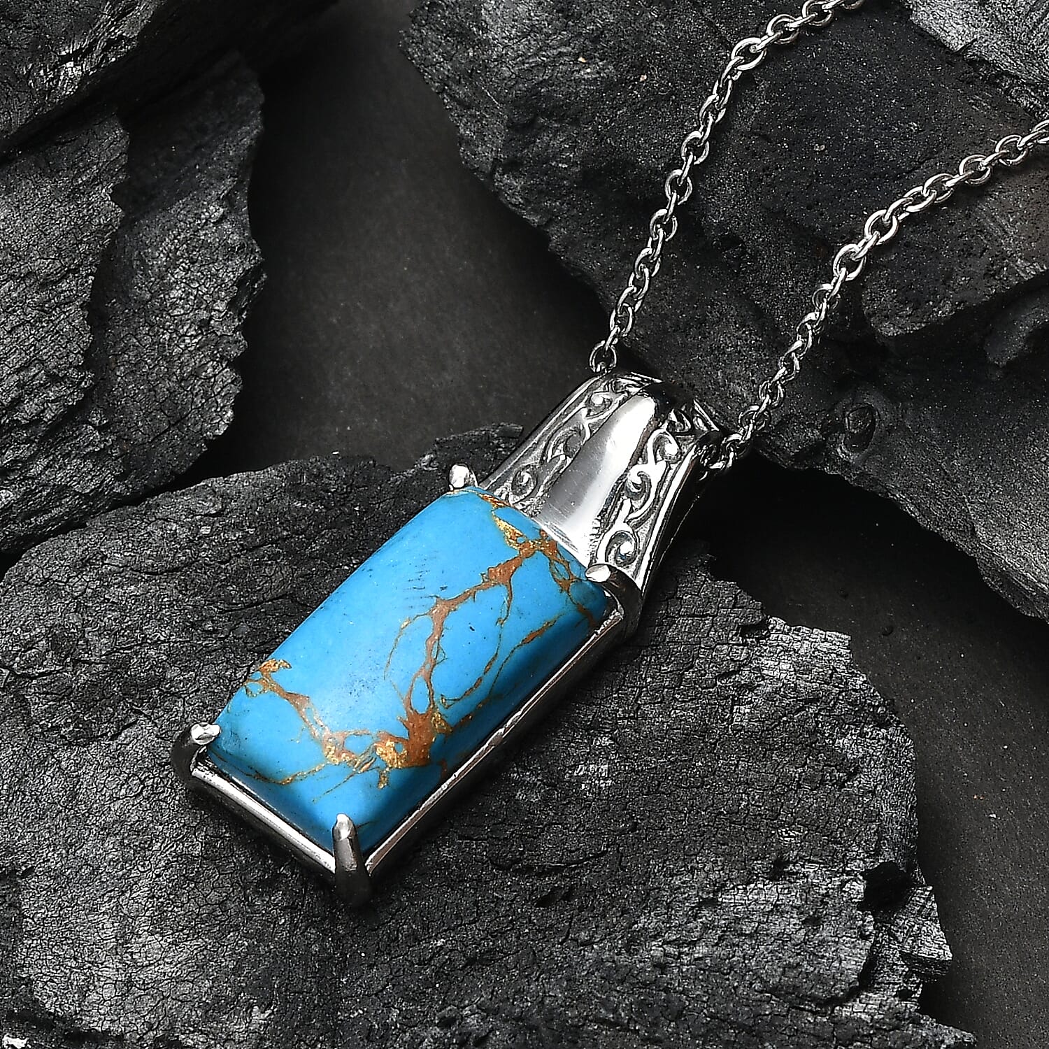 EverTrue Mojave Blue Turquoise 10.10 ctw Pendant Necklace in Stainless Steel 20 Inches