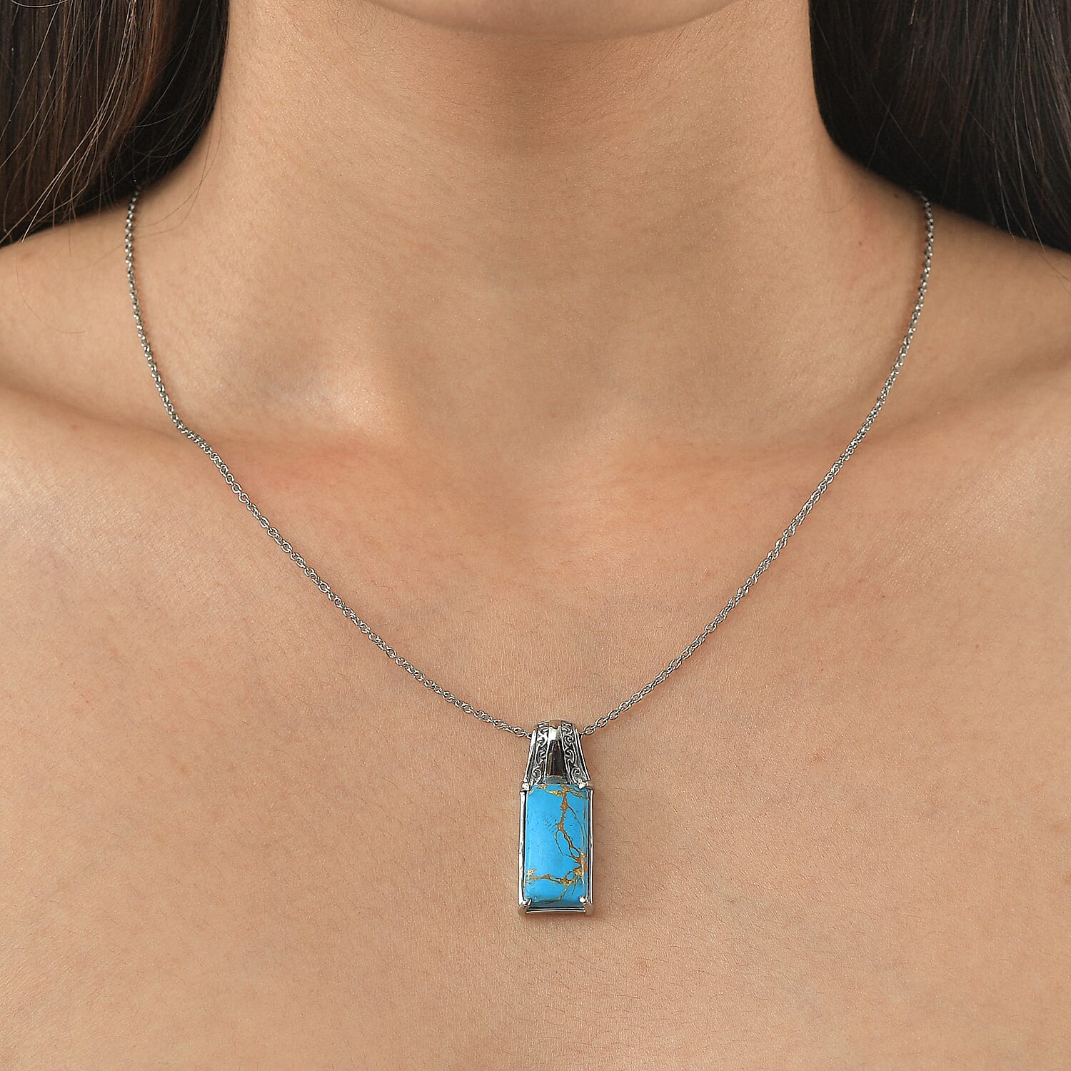 EverTrue Mojave Blue Turquoise 10.10 ctw Pendant Necklace in Stainless Steel 20 Inches