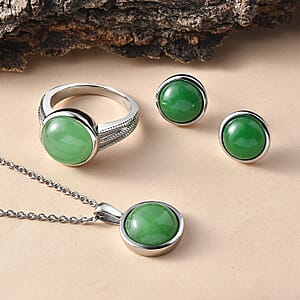 EverTrue Green Jade (D) 25.25 ctw Earrings, Ring (Size 6) and Pendant Necklace 20 Inches in Stainless Steel