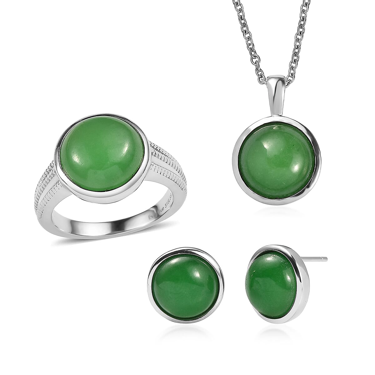 EverTrue Green Jade (D) 25.25 ctw Earrings, Ring (Size 7) and Pendant Necklace 20 Inches in Stainless Steel