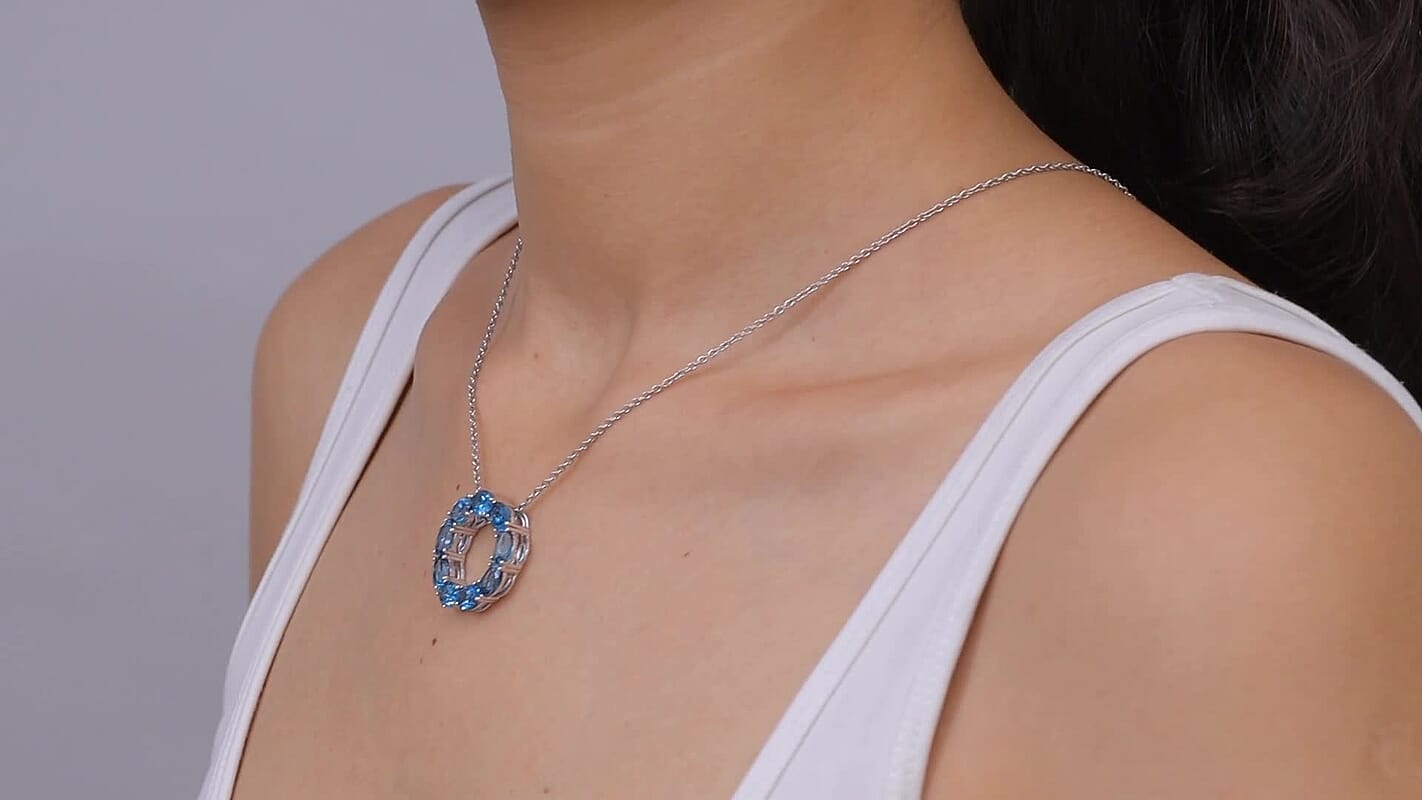 D'Joy London Blue Topaz Circle Pendant in Rhodium Over Sterling Silver with Stainless Steel (20 Inches) 8.35 ctw