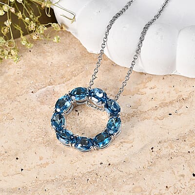 D'Joy London Blue Topaz 8.35 ctw Circle Pendant in Rhodium Over Sterling Silver with Stainless Steel (20 Inches)