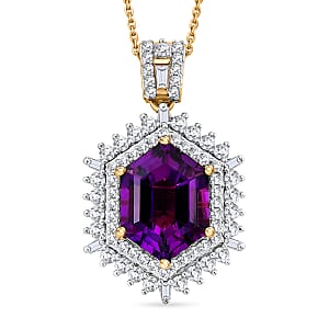 D'Joy AAA Lusaka Amethyst and Moissanite 6.35 ctw Sunburst Pendant Necklace in 18K Vermeil Yellow Gold Over Sterling Silver 20 Inches 