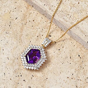 D'Joy AAA Lusaka Amethyst and Moissanite 6.35 ctw Sunburst Pendant Necklace in 18K Vermeil Yellow Gold Over Sterling Silver 20 Inches 