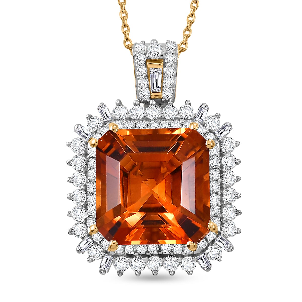 D'Joy Assher Cut AAA Santa Ana Madeira Citrine and Moissanite 8.50 ctw Sunburst Pendant Necklace in 18K Vermeil Yellow Gold Over Sterling Silver 20 Inches