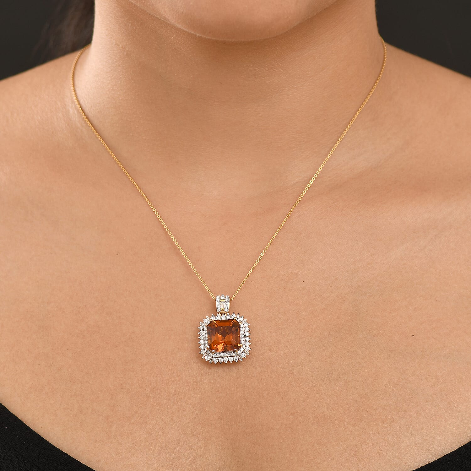 D'Joy Assher Cut AAA Santa Ana Madeira Citrine and Moissanite 8.50 ctw Sunburst Pendant Necklace in 18K Vermeil Yellow Gold Over Sterling Silver 20 Inches