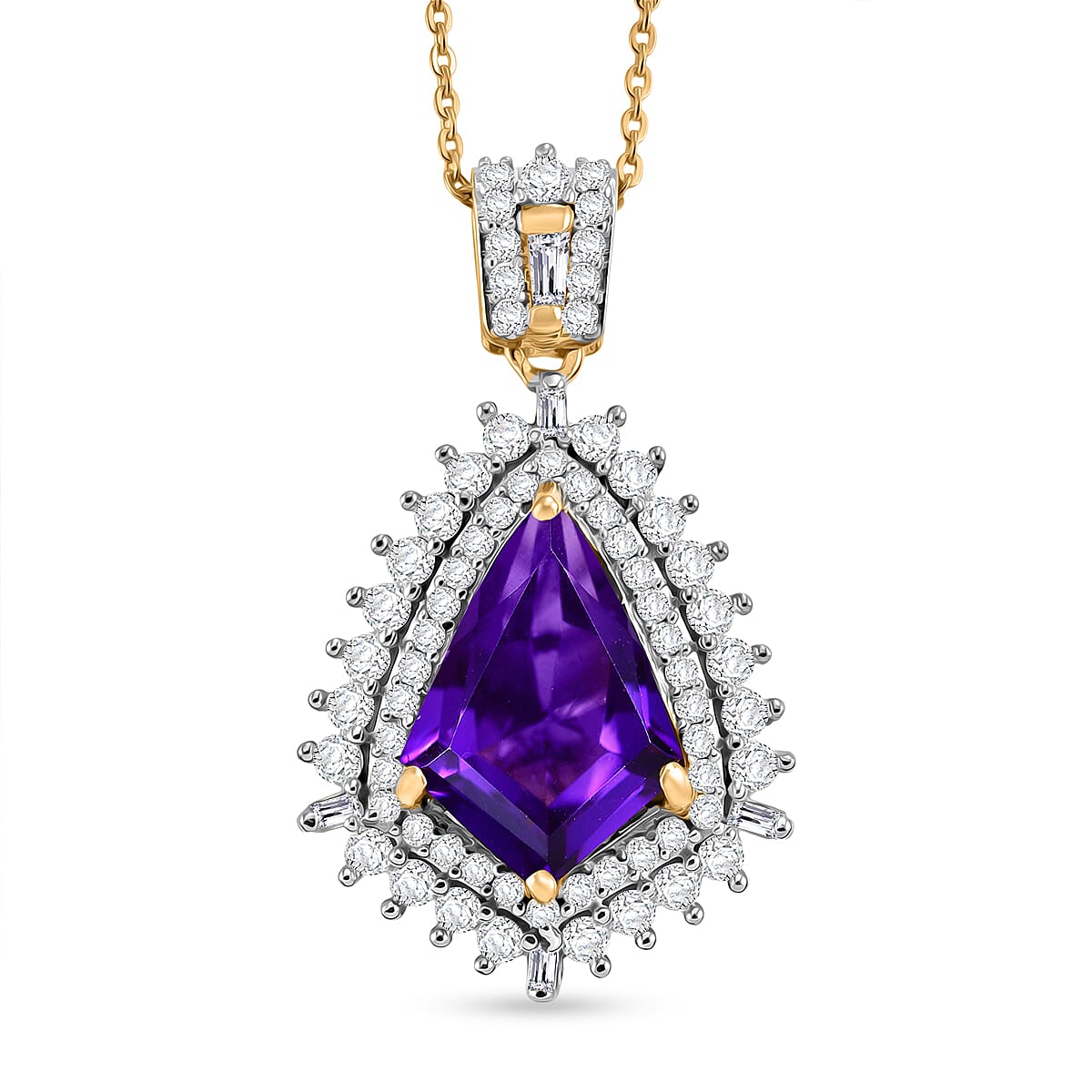 D'Joy AAA Lusaka Amethyst and Moissanite 4.60 ctw Sunburst Pendant Necklace in 18K Vermeil Yellow Gold Over Sterling Silver (20 Inces)