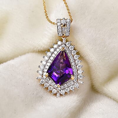 D'Joy AAA Lusaka Amethyst and Moissanite 4.60 ctw Sunburst Pendant Necklace in 18K Vermeil Yellow Gold Over Sterling Silver (20 Inces)