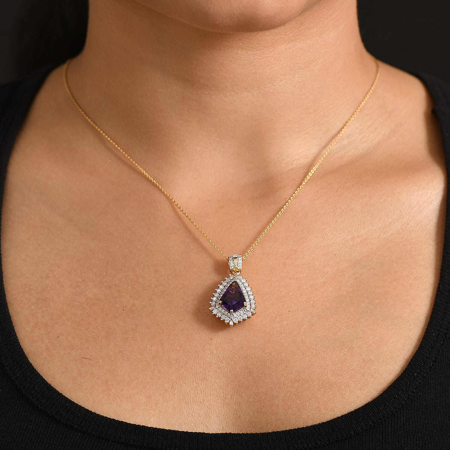 D'Joy AAA Lusaka Amethyst and Moissanite 4.60 ctw Sunburst Pendant Necklace in 18K Vermeil Yellow Gold Over Sterling Silver (20 Inces)