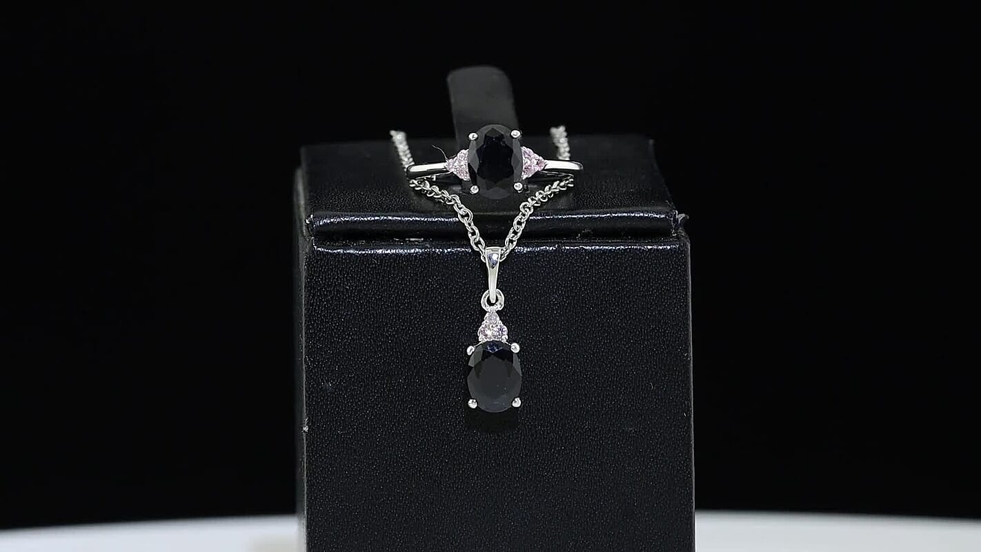 EverTrue Midnight Sapphire, Madagascar Pink Sapphire Ring (Size 6) and Pendant in Platinum Bond with Stainless Steel Necklace (20 Inches) 3.60 ctw