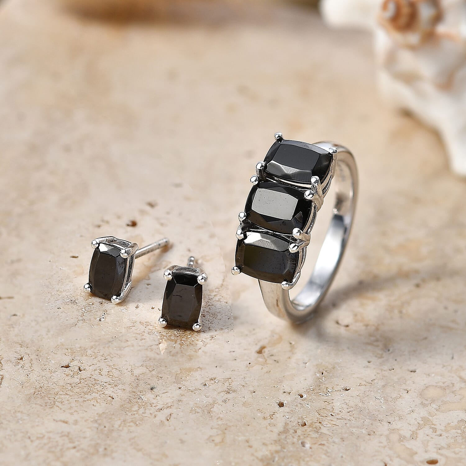 D'Joy Elite Shungite 2.40 ctw 3 Stone Ring (Size 7.0) and Solitaire Stud Earrings in Rhodium Over Sterling Silver