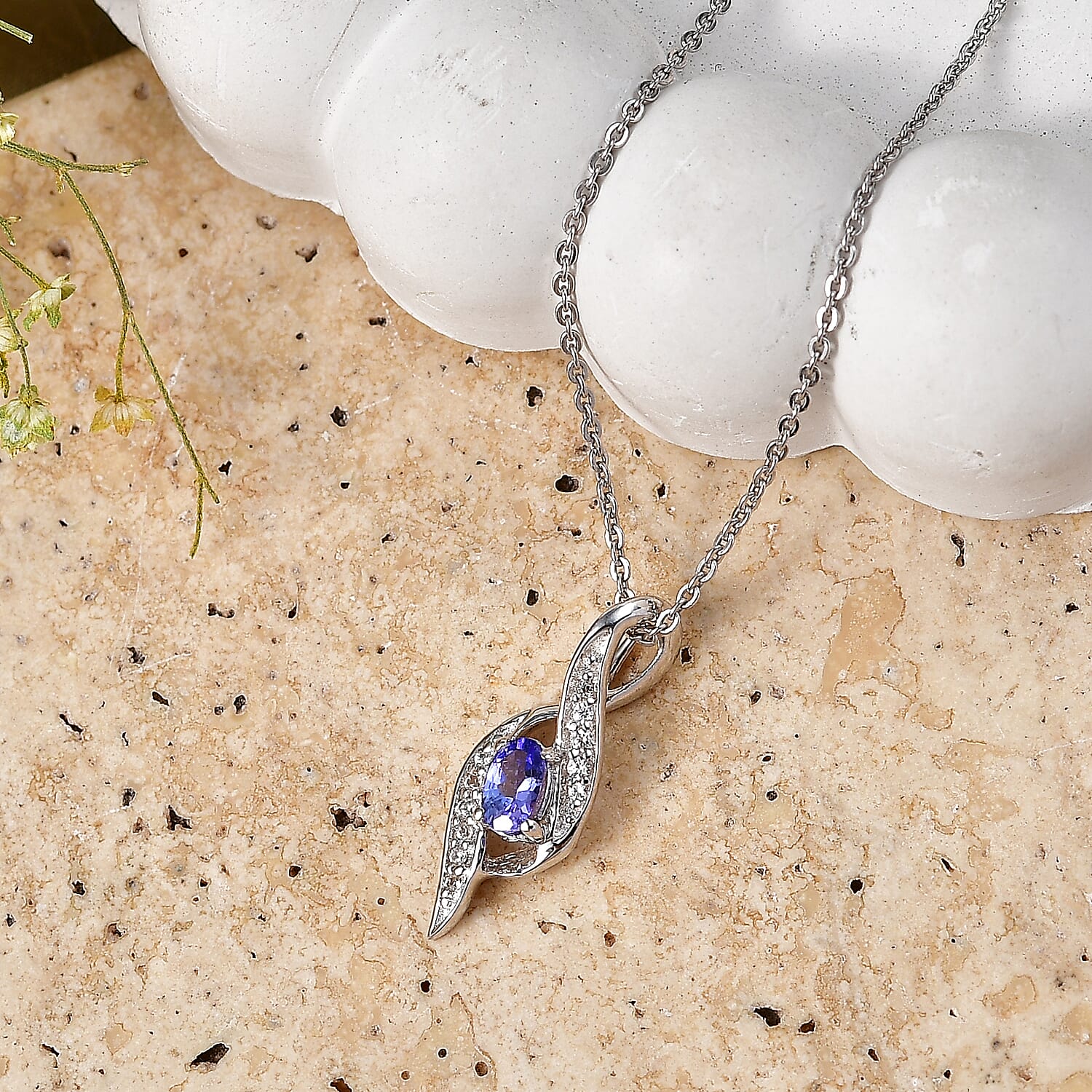 EverTrue Tanzanite and White Zircon 0.35 ctw Pendant in Platinum Bond with Stainless Steel Necklace (20 Inches)