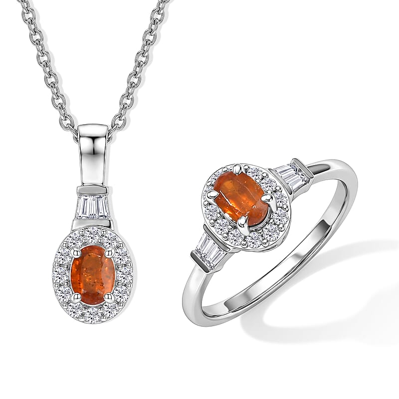 Evertrue Orange Kyanite and Moissanite 1.85 ctw Ring (Size 6), Pendant in Platinum Bond with Stainless Steel Necklace 20 Inches