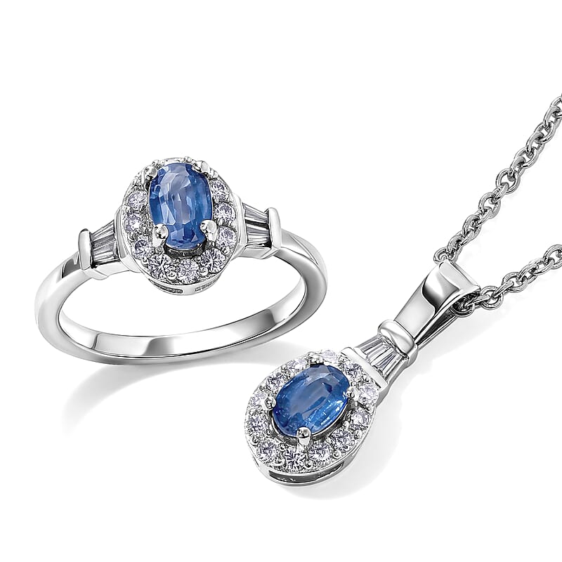 EverTrue Kashmir Kyaite and Moissanite 1.85 ctw Ring (Size 6) and Pendant in Platinum Bond with Stainless Steel Necklace 20 Inches