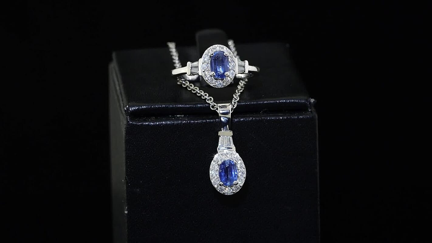 EverTrue Kashmir Kyaite, Moissanite Ring (Size 6) and Pendant in Platinum Bond with Stainless Steel Necklace (20 Inches) 1.85 ctw