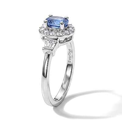 EverTrue Kashmir Kyaite and Moissanite 1.85 ctw Ring (Size 6) and Pendant in Platinum Bond with Stainless Steel Necklace 20 Inches