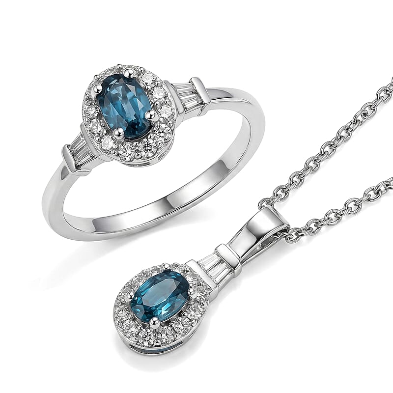 EverTrue Teal Kyanite and Moissanite 1.85 ctw Ring (Size 6) and Pendant in Platinum Bond with Stainless Steel Necklace 20 Inches