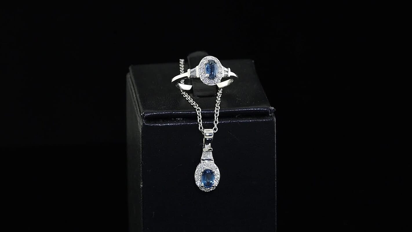 EverTrue Teal Kyanite and Moissanite 1.85 ctw Ring (Size 6) and Pendant in Platinum Bond with Stainless Steel Necklace 20 Inches
