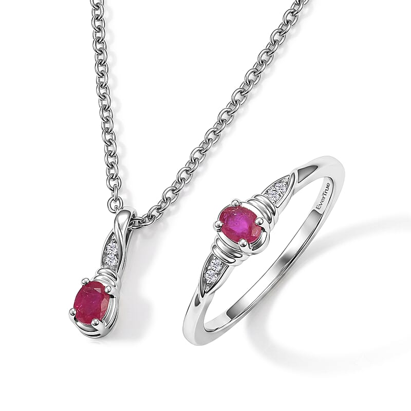 Evertrue Niassa Ruby (FF) and White Zircon 0.60 ctw Ring (Size 7), Pendant in Platinum Bond with Stainless Steel Necklace 20 Inches