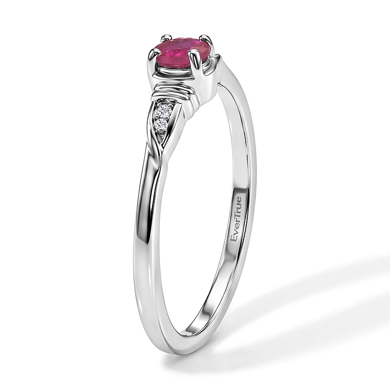 Evertrue Niassa Ruby (FF) and White Zircon 0.60 ctw Ring (Size 7), Pendant in Platinum Bond with Stainless Steel Necklace 20 Inches