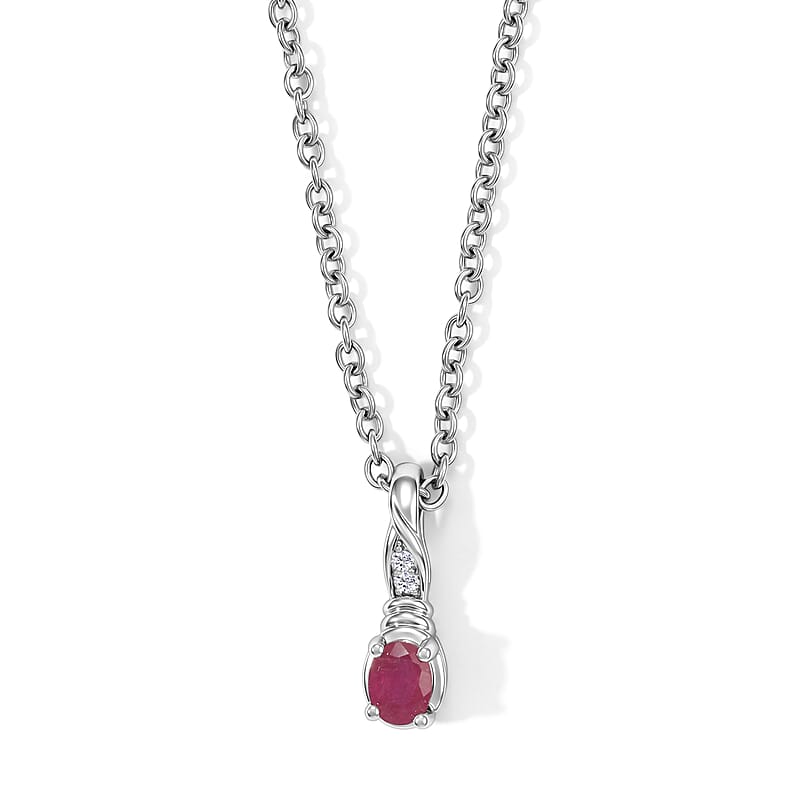 Evertrue Niassa Ruby (FF) and White Zircon 0.60 ctw Ring (Size 7), Pendant in Platinum Bond with Stainless Steel Necklace 20 Inches