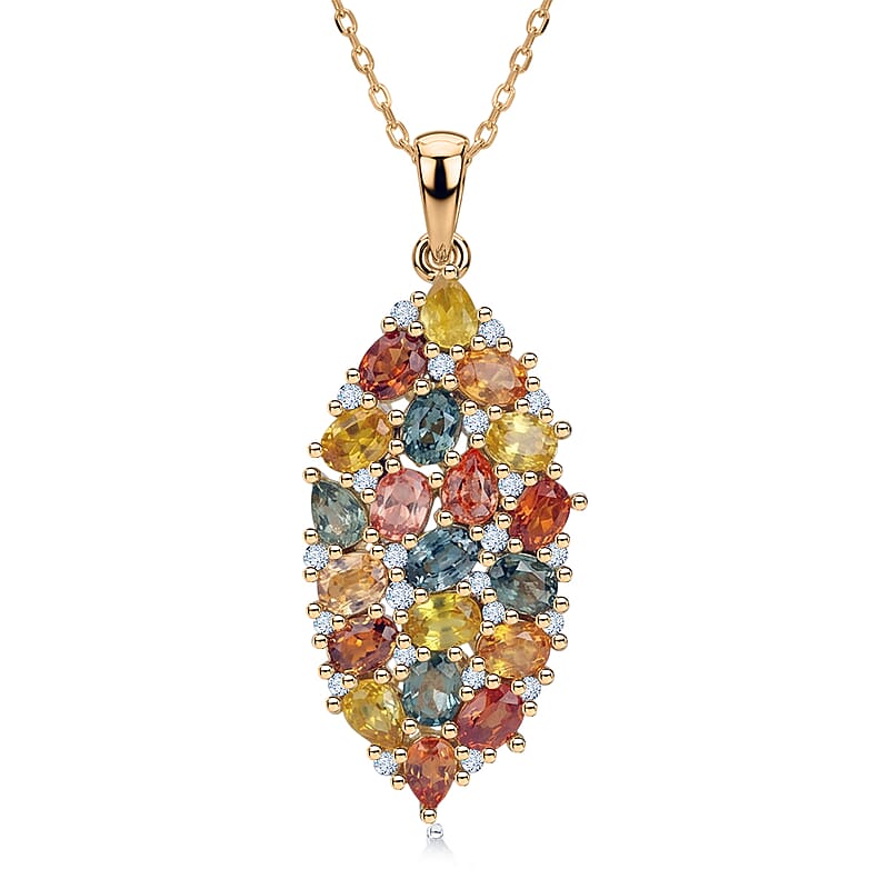 D'Joy Premium Multi Sapphire and White Zircon 5.50 ctw Color Bloom Cluster Pendant Necklace in 18K Vermeil Yellow Gold Over Sterling Silver 20 Inches