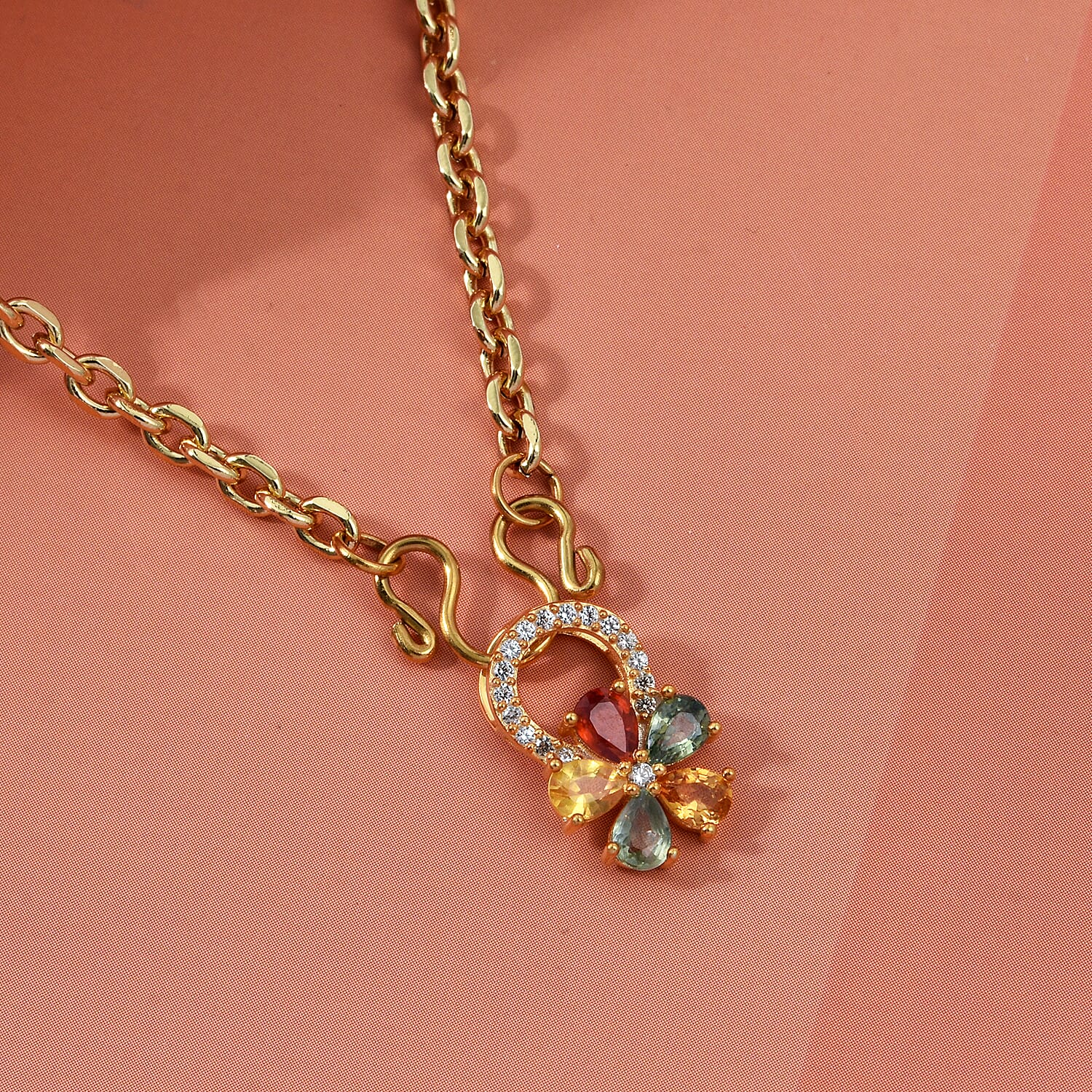 D'Joy Premium Multi Sapphire and White Zircon 1.30 ctw Color Bloom Pendant Necklace in 18K YG Plated Sterling Silver 20 Inches