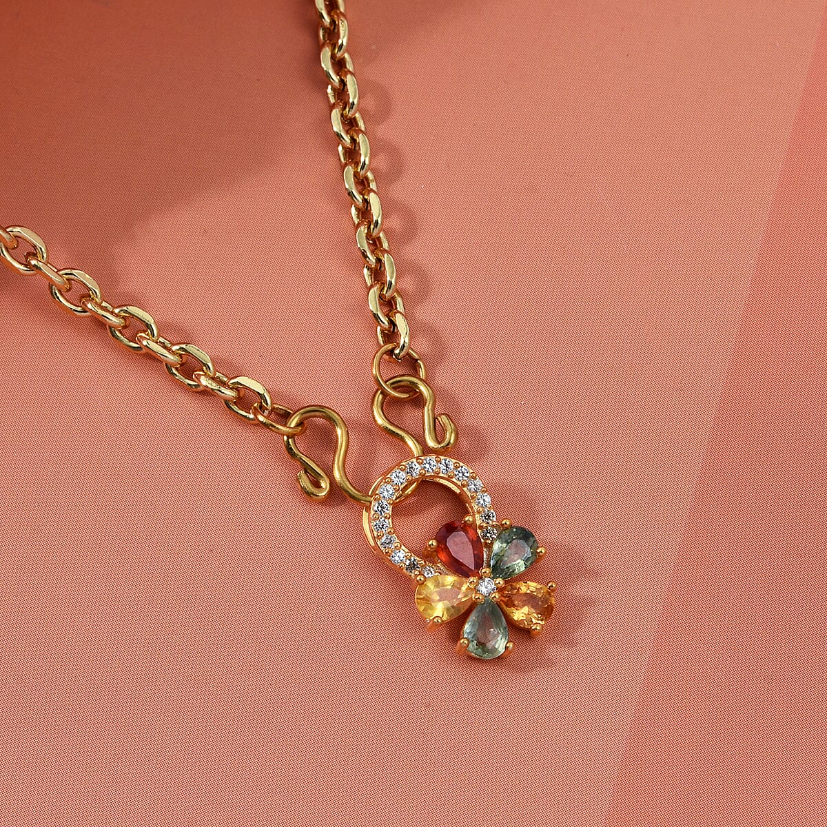D'Joy Premium Multi Sapphire and White Zircon 1.30 ctw Color Bloom Pendant Necklace in 18K YG Plated Sterling Silver 20 Inches image number 1
