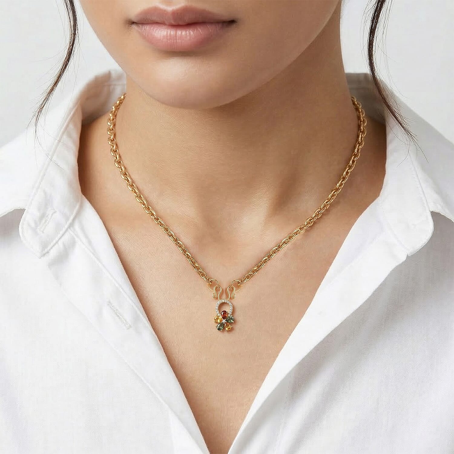 D'Joy Premium Multi Sapphire and White Zircon 1.30 ctw Color Bloom Pendant Necklace in 18K YG Plated Sterling Silver 20 Inches