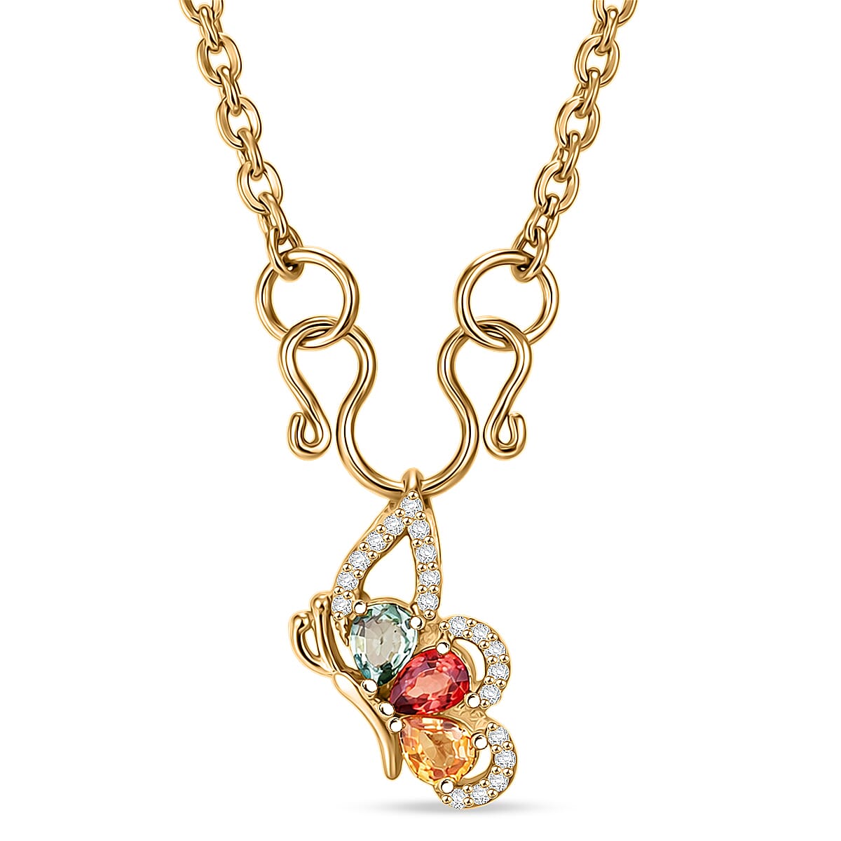 D'Joy Premium Multi Sapphire and White Zircon 1.00 ctw Flutter Glow Pendant Necklace in 18K YG Plated Sterling Silver 20 Inches