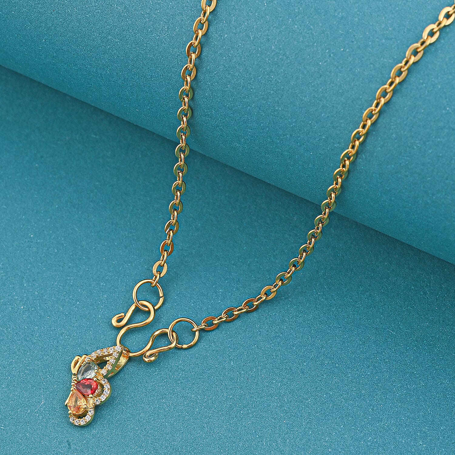 D'Joy Premium Multi Sapphire and White Zircon 1.00 ctw Flutter Glow Pendant Necklace in 18K YG Plated Sterling Silver 20 Inches