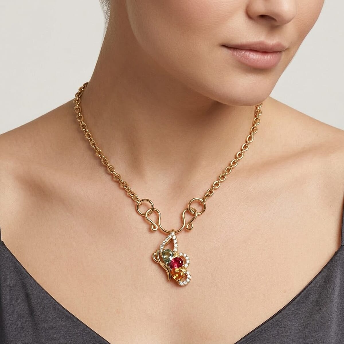 D'Joy Premium Multi Sapphire and White Zircon 1.00 ctw Flutter Glow Pendant Necklace in 18K YG Plated Sterling Silver 20 Inches image number 2