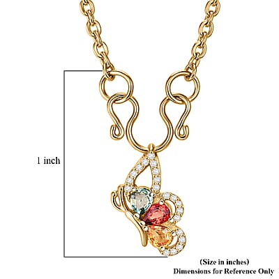 D'Joy Premium Multi Sapphire and White Zircon 1.00 ctw Flutter Glow Pendant in 18K YG Plated Sterling Silver with ION Plated YG Stainless Steel Necklace 20 Inches