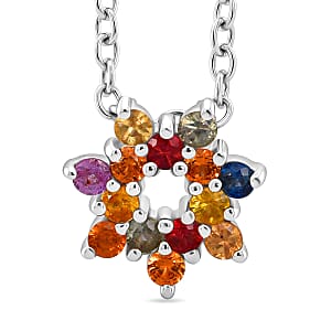 D'Joy  Premium Multi Sapphire 1.00 ctw Rainbow Halo Pendant Necklace in Rhodium Over Sterling Silver 20 Inches