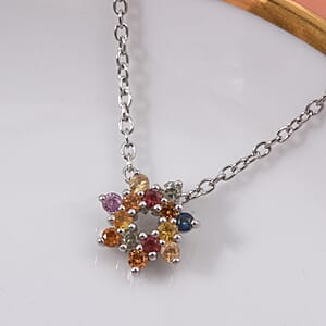 D'Joy  Premium Multi Sapphire 1.00 ctw Rainbow Halo Pendant Necklace in Rhodium Over Sterling Silver 20 Inches