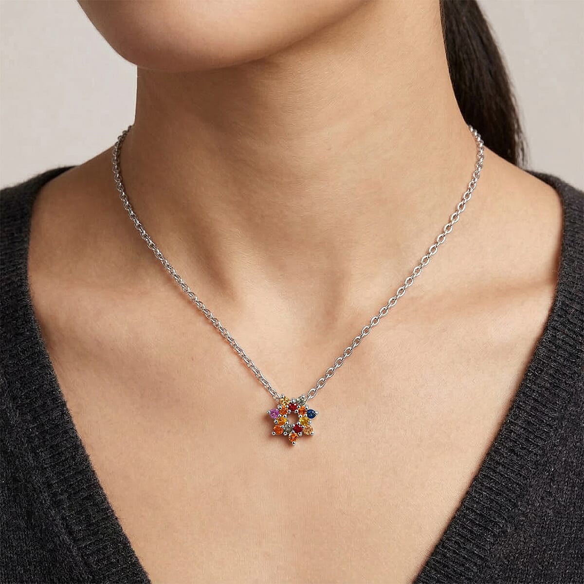 D'Joy  Premium Multi Sapphire 1.00 ctw Rainbow Halo Pendant Necklace in Rhodium Over Sterling Silver 20 Inches image number 2