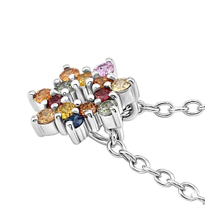 D'Joy  Premium Multi Sapphire 1.00 ctw Rainbow Halo Pendant Necklace in Rhodium Over Sterling Silver 20 Inches