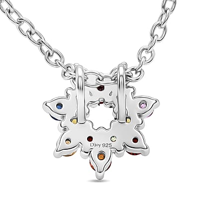 D'Joy  Premium Multi Sapphire 1.00 ctw Rainbow Halo Pendant Necklace in Rhodium Over Sterling Silver 20 Inches