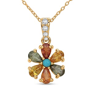 D'Joy Premium Multi Sapphire and Multi Gemstone 2.30 ctw Color Flower Pendant Necklace in 18K Vermeil Yellow Gold Over Sterling Silver (20 Inches)