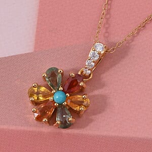 D'Joy Premium Multi Sapphire and Multi Gemstone 2.30 ctw Color Flower Pendant Necklace in 18K Vermeil Yellow Gold Over Sterling Silver (20 Inches)