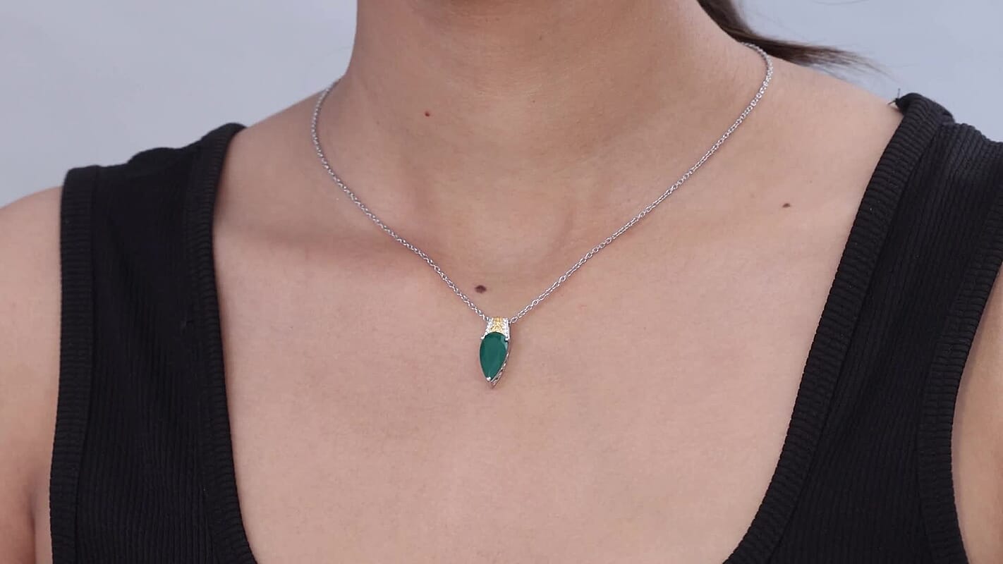 EverTrue Verde Onyx and White Zircon 3.80 ctw Lushy Leaf Pendant in 18K YG Plated and Platinum Bond with Stainless Steel Necklace 20 Inches
