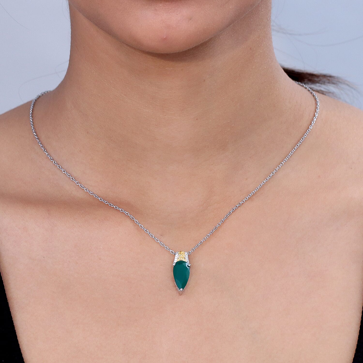 EverTrue Verde Onyx and White Zircon 3.80 ctw Lushy Leaf Pendant in 18K YG Plated and Platinum Bond with Stainless Steel Necklace 20 Inches