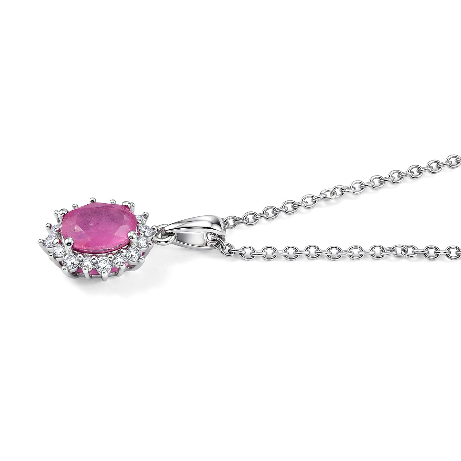 EverTrue Ilakaka Hot Pink Sapphire (FF) and White Zircon 2.15 ctw Pendant in Platinum Bond with Stainless Steel Necklace 20 Inches