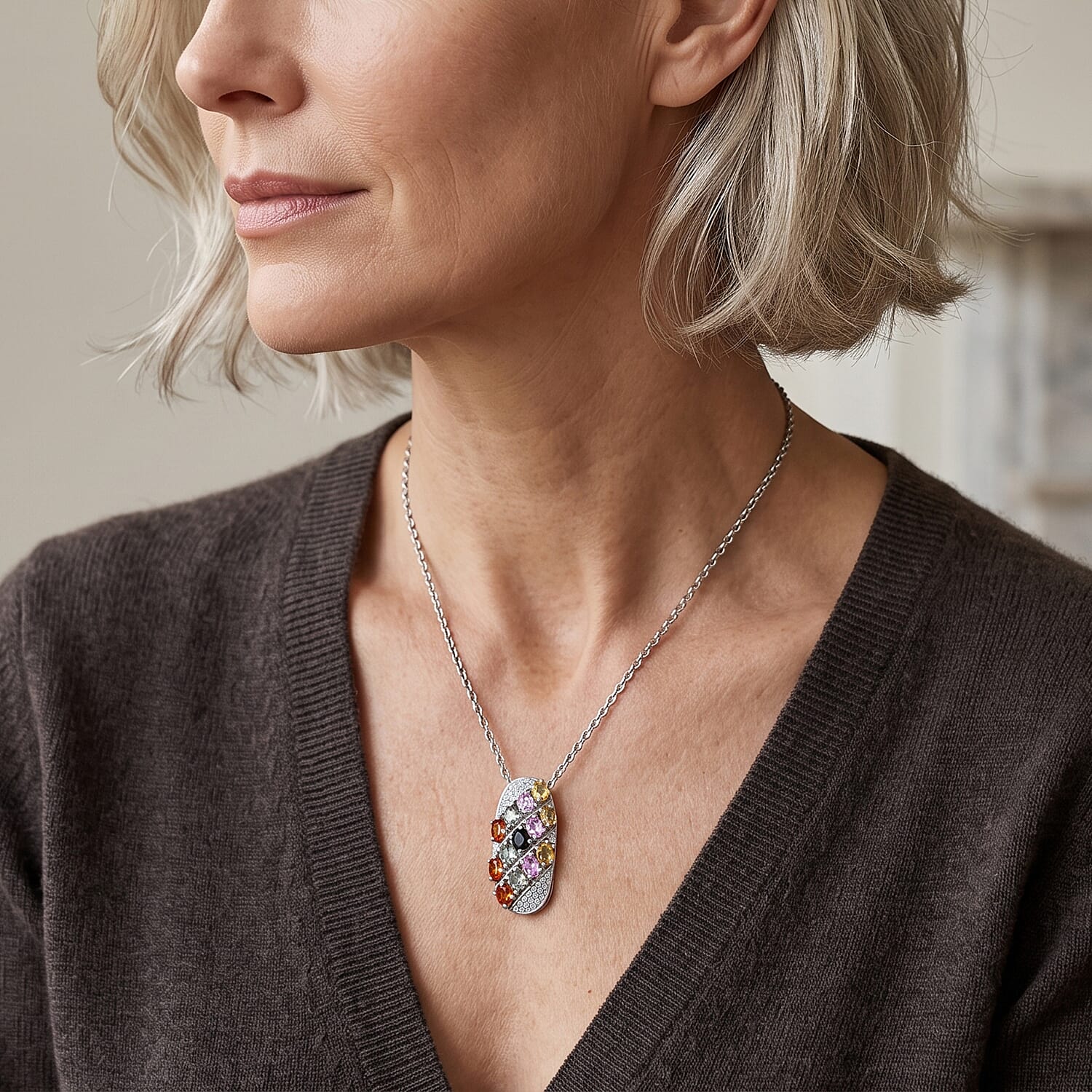 EverTure Multi Sapphire and Moissanite 3.35 ctw Pendant in Platinum Bond with Stainless Steel Necklace 20 Inches