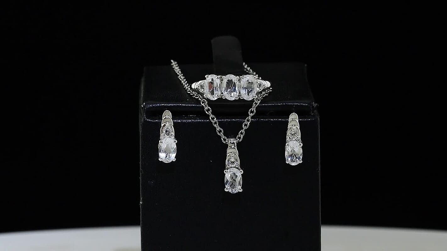 EverTure Premium White Topaz Earrings, Ring (Size 6) and Pendant in Platinum Bond with Stainless Steel Necklace (20 Inches) 5.20 ctw
