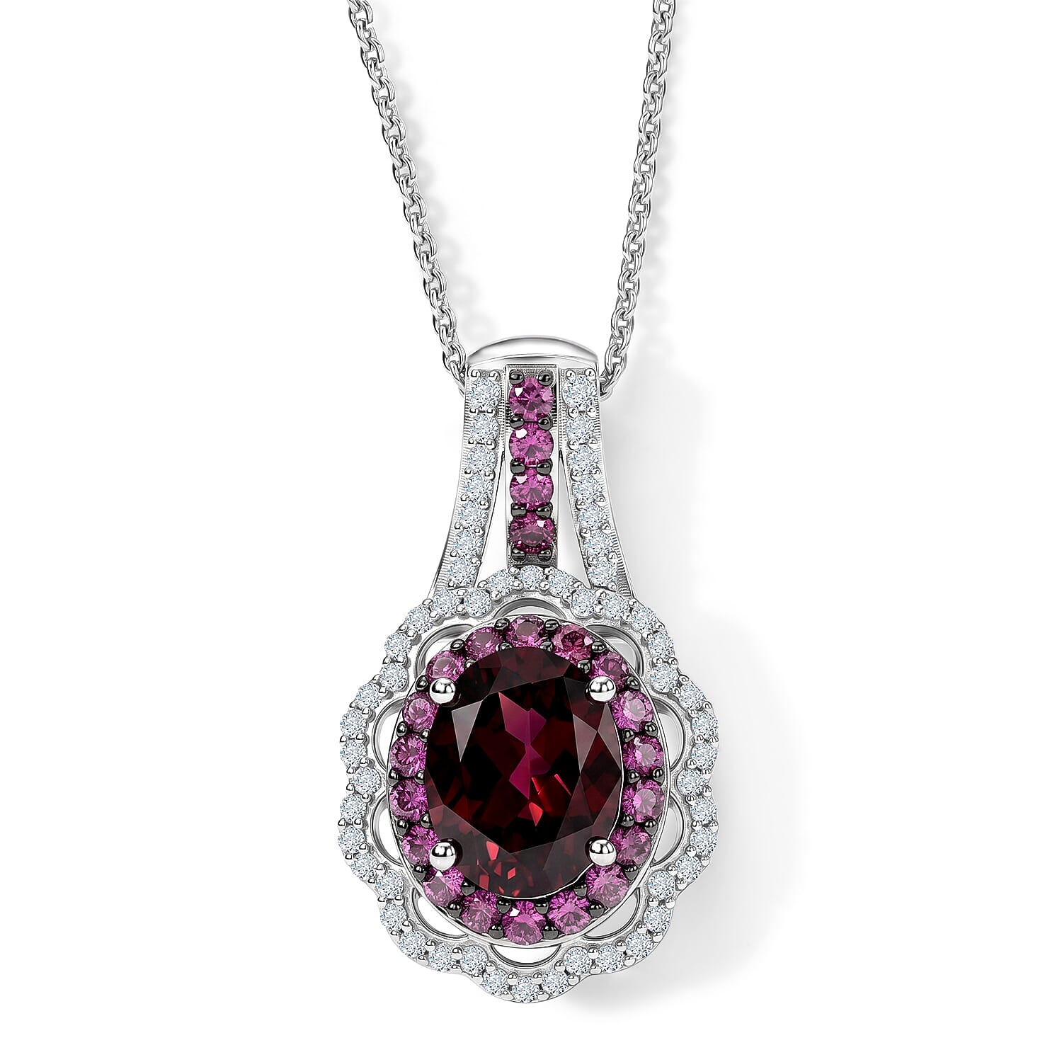 D''Joy Orissa Rhodolite Garnet, White Zircon Pendant Necklace (20 Inches) in Rhodium Over Sterling Silver 3.30 ctw