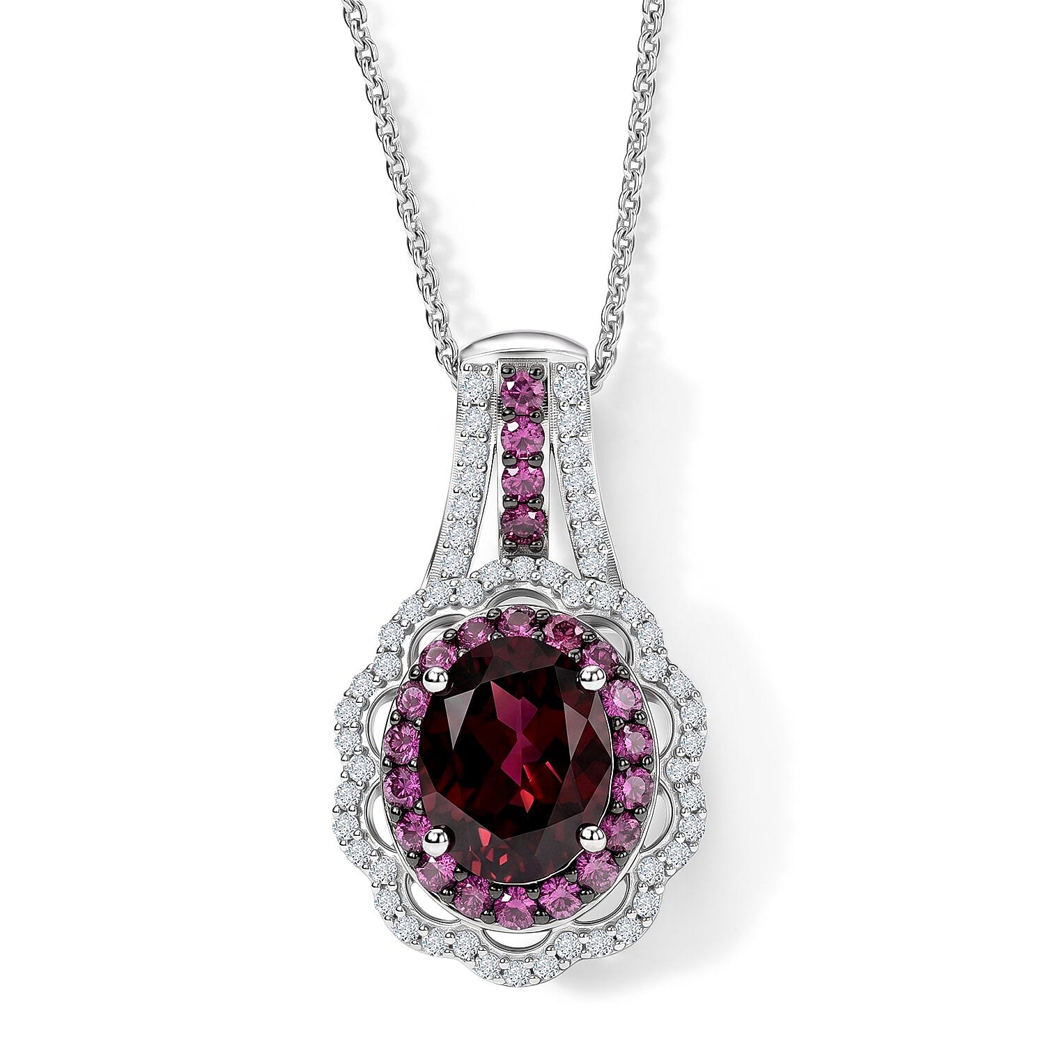 D'Joy Orissa Rhodolite Garnet and White Zircon 3.30 ctw Camellia Floral Pendant Necklace in Rhodium Over Sterling Silver (20 Inc