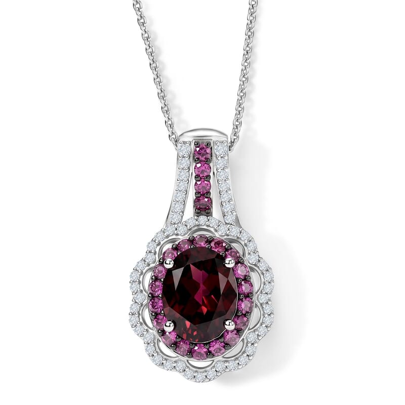 D'Joy Orissa Rhodolite Garnet and White Zircon 3.30 ctw Camellia Floral Pendant Necklace in Rhodium Over Sterling Silver (20 Inches)