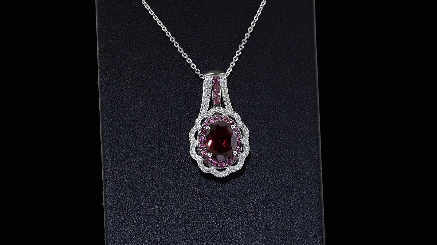 D''Joy Orissa Rhodolite Garnet, White Zircon Pendant Necklace (20 Inches) in Rhodium Over Sterling Silver 3.30 ctw