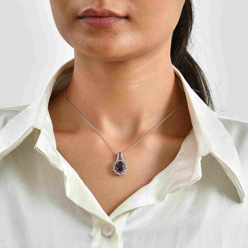 D'Joy Orissa Rhodolite Garnet and White Zircon 3.30 ctw Camellia Floral Pendant Necklace in Rhodium Over Sterling Silver (20 Inches)